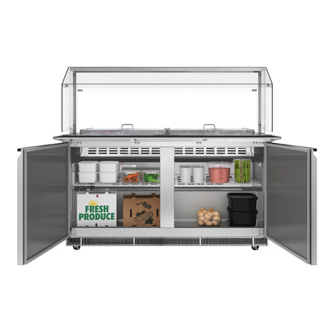 60 in. Commercial Refrigerated Prep Station with Sneeze Guard and Buffet Slide, 12 Pans with Covers and Two Adjustable Shelves in Stainless-Steel, ETL Listed (KM-RBT-60CSFG)