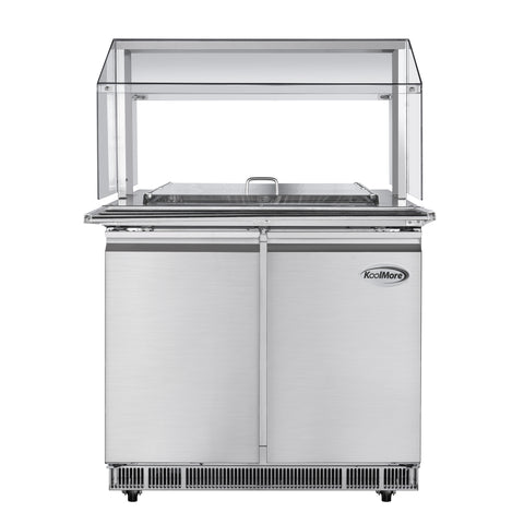 36 in. Commercial Refrigerated Prep Station with Sneeze Guard and Buffet Slide, 6 Pans with Covers and Two Adjustable Shelves in Stainless-Steel, ETL Listed (KM-RBT-36CSFG)