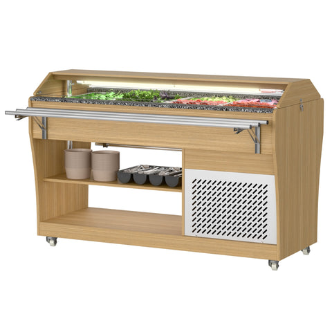 59 in. Commercial Refrigerated Buffet Table with Capacity for 4 Full-Size GN Pans, Featuring Adjustable Cover, a Serving Rail and 4 Lockable Casters in Wooden Finish (KM-RBT-54ACS)