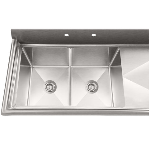 63 in. 18-Gauge 2-Compartment Commercial Sink with Backsplash and 24 in. Right Drainboard, Bowl dimensions 18"x24"x14" in Stainless-Steel (KM-SB182414-24R3)