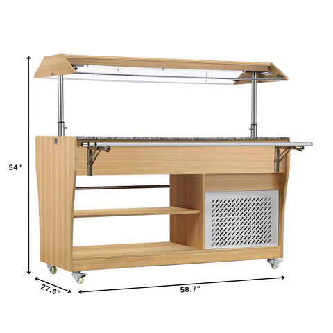 59 in. Commercial Refrigerated Buffet Table with Capacity for 4 Full-Size GN Pans, Featuring Adjustable Cover, a Serving Rail and 4 Lockable Casters in Wooden Finish (KM-RBT-54ACS)