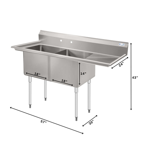 57 in. 16-Gauge 2-Compartment Commercial Sink with 18 in. Right drainboard, Bowl Dimensions 18"x18"x14" in Stainless-Steel (KM-SB181814-18R316)