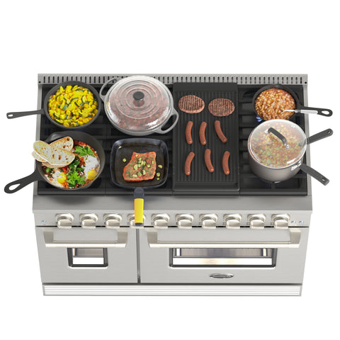 48 In. Dual Oven Natural Gas Range Stove with 8 Sealed Burners, Griddle, Grill, and Convection Oven, KM-FR48GL-SS.