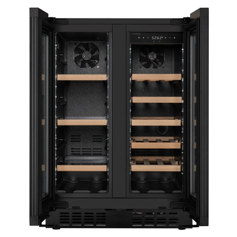 KoolMore Reserve 24 in. French Door Dual Zone Panel Ready Under-Counter Cooler with Wooden Shelves and 20 Bottle Capacity in the Right Zone and 2.1 Cu. Ft. on the Left in Black (KM-CWB24-WPR)