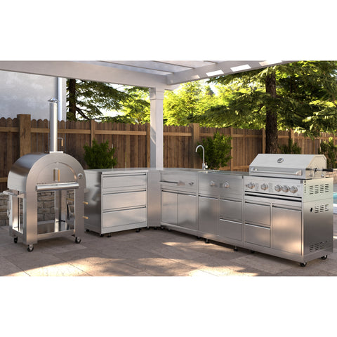 KoolMore Outdoor Kitchen Series Modular Kitchen with a Wood fire Pizza Oven, 3 Drawer Cabinet, Corner Cabinet, Sink, Side Buner, 30 in. BBQ Grill and Cabinet in Stainless-Steel (KM-OKSKIT-CONFIG110)