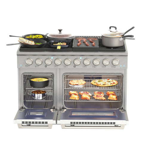 48 In. Dual Oven Natural Gas Range Stove with 8 Sealed Burners, Griddle, Grill, and Convection Oven, KM-FR48GL-SS.