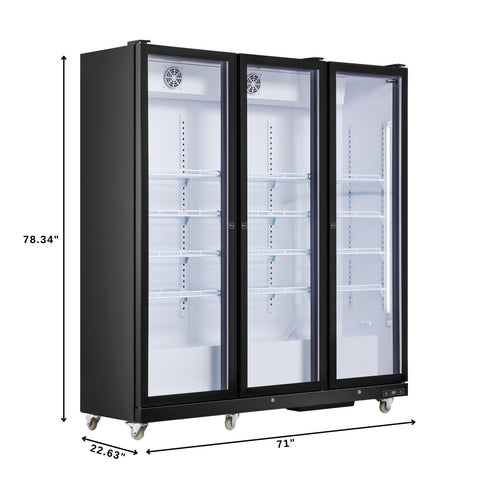 71 in. Commercial 3 Fully Glass Door Merchandiser Refrigerator, 46 cu. ft., ETL Listed in Black (KM-MDR-3FGD)