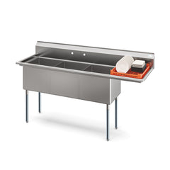 75 in. Three Compartment Commercial Sink Bowl Size 18x18x14 Stainless-Steel 18 Gauge with Right Drainboard (KM-SC181814-18R3)
