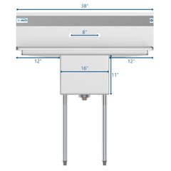 38 in. One Compartment Stainless Steel Commercial Sink with Drainboards, Bowl Size 14"x 16"x 11" SA141611-12B3.