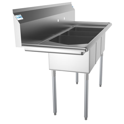 55 in. Three Compartment Stainless Steel Commercial Sink with Drainboard, Bowl Size 12"x 16"x 10" SC121610-16L3.