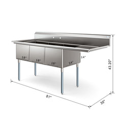 81 in. Three Compartment Commercial Sink Bowl Size 18x24x14 Stainless-Steel 18 Gauge with Right Drainboard (KM-SC182414-24R3)