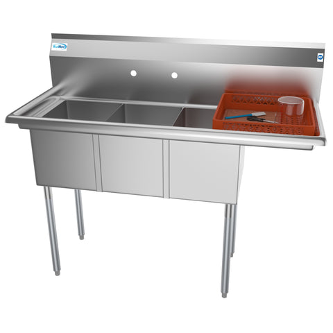 51 in. Three Compartment Stainless Steel Commercial Sink with Drainboard, Bowl Size 12"x 16"x 10" SC121610-12R3.