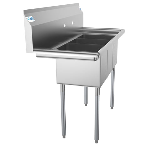 45 in. Three Compartment Stainless Steel Commercial Sink with Drainboard, Bowl Size 10"x 14"x 10" SC101410-12L3.