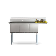 63 in. Three Compartment Commercial Sink, Bowl Size 15x15x14, 18-Gauge Stainless-Steel with Right Drainboard (KM-SC151514-15R3)