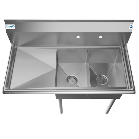 43 in. Two Compartment Stainless Steel Commercial Sink with Drainboard, Bowl Size 12"x 16"x 10" SB121610-16L3.