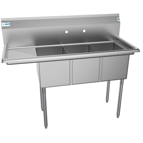 51 in. Three Compartment Stainless Steel Commercial Sink with Drainboard, Bowl Size 12"x 16"x 10" SC121610-12L3.