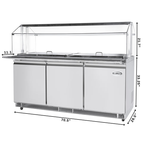 72 in. Commercial Refrigerated Prep Station with Sneeze Guard and Buffet Slide, 15 Pans with Covers and Three Adjustable Shelves in Stainless-Steel, ETL Listed (KM-RBT-72CSFG)