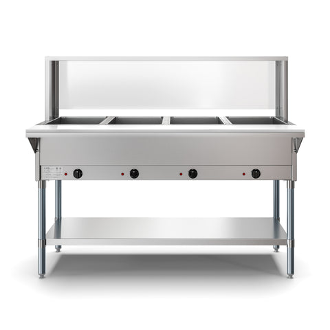 Four Pan Open Well Electric Steam Table with Undershelf and Sneeze-Guard, KM-OWS-4SG.