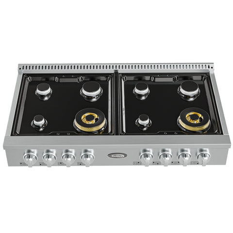 48 in Gas Range-Top with 8 Sealed Italian Burners and Stainless-Steel Stovetop Knobs.