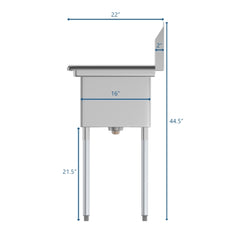 29 in. One compartment Stainless Steel Commercial Restaurant Sink with Drainboard, Bowl Size 14" x 16" x 11"  SA141611-12L3.