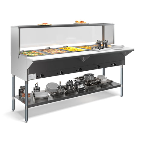 Five Pan Open Well Electric Steam Table with Undershelf and Sneeze-Guard, 240V, KM-OWS-5SG.