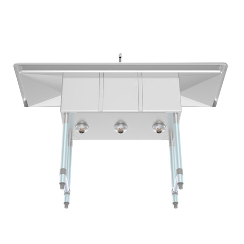 54 in. Three Compartment Stainless Steel Commercial Sink with Faucet and Drainboards, Bowl Size 10"x 10"x 14" SC101410-12B3FA .