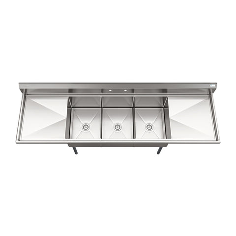 102 in. Three Compartment Commercial Sink Bowl Size 18x24x14 Stainless-Steel 18 Gauge with Two Drainboards (KM-SC182414-24B3)