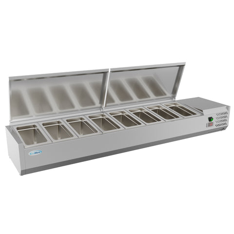 71 in. Eight Pan Refrigerated Countertop Condiment Prep Station - SCDC-8P-SSL