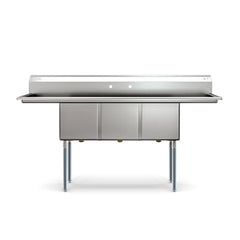 75 in Three Compartment Commercial Sink, Bowl Size 15x15x14, 18 Gauge Stainless-Steel with 2 Drainboards (KM-SC151514-15B3)
