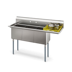 63 in. Three Compartment Commercial Sink, Bowl Size 15x15x14, 18-Gauge Stainless-Steel with Right Drainboard (KM-SC151514-15R3)
