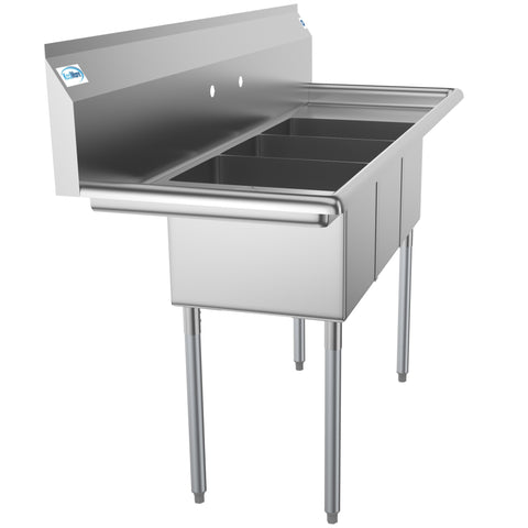 60 in. Three Compartment Stainless Steel Commercial Sink With Drainboards, Bowl Size 12"x 16"x 10" SC121610-12B3.