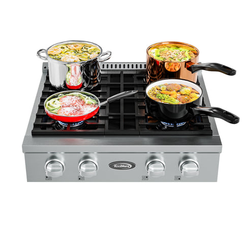 30 in Gas Range-Top with 4 Sealed Italian Burners and Stainless-Steel Stovetop Knobs.