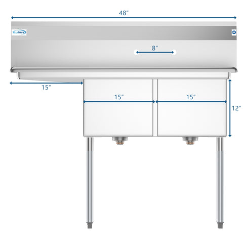 48 in. Two Compartment Stainless Steel Commercial Sink with 2 Drainboards, Bowl Size 15"x 15"x 12" SB151512-15L3.