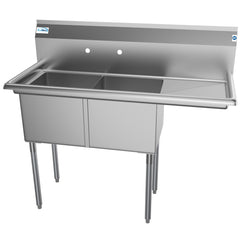 48 in. Two Compartment Stainless Steel Commercial Sink with Drainboard, Bowl Size 15"x 15"x 12" SB151512-15R3.