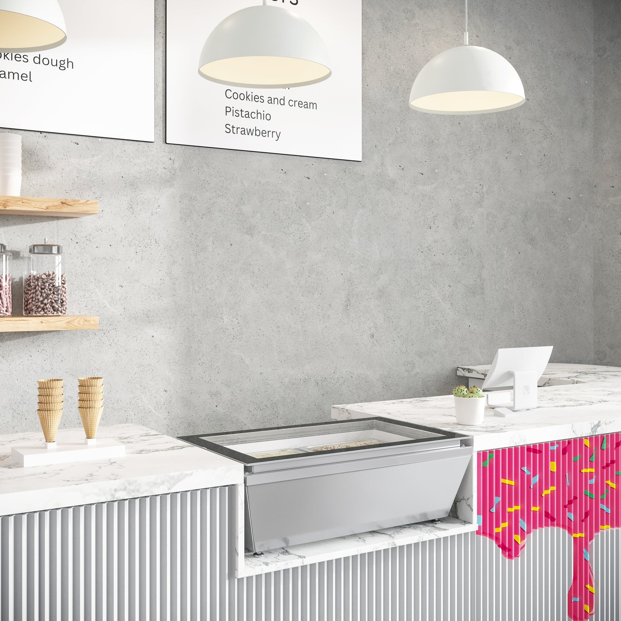 31 in. Countertop Ice Cream Display case with 4 Pans and Glass Sneeze ...