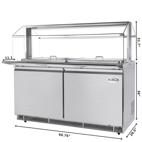 60 in. Commercial Refrigerated Prep Station with Sneeze Guard and Buffet Slide, 12 Pans with Covers and Two Adjustable Shelves in Stainless-Steel, ETL Listed (KM-RBT-60CSFG)