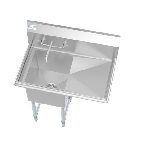 33 in. One Compartment Stainless Steel Commercial Sink with Drainboard, Bowl Size 15"x 15"x 12" SA151512-15R3FA.