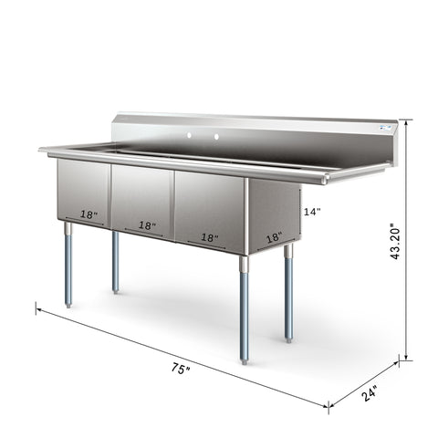 75 in. Three Compartment Commercial Sink Bowl Size 18x18x14 Stainless-Steel 18 Gauge with Right Drainboard (KM-SC181814-18R3)