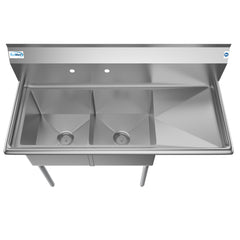 48 in. Two Compartment Stainless Steel Commercial Sink with Drainboard, Bowl Size 15"x 15"x 12" SB151512-15R3.