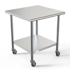 30" x 30" 18-Gauge 304 Stainless Steel Commercial Work Table with Casters, CT3030-18C.