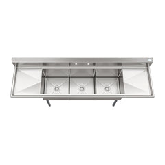 90 in. Three Compartment Commercial Sink Bowl Size 18x18x14 18-Gauge Stainless-Steel with 2 Drainboards (KM-SC181814-18B3)
