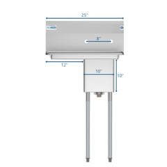25 in. One Compartment Stainless Steel Commercial Sink with Drainboard, Bowl Size 10" x 14" x 10" SA101410-12L3.