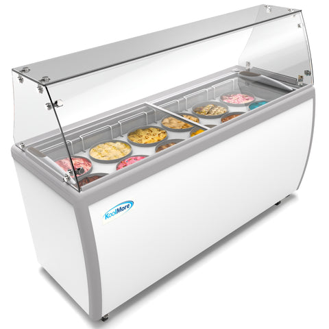 70 in. 12 Tub Ice Cream Dipping Cabinet Display Freezer with Sliding Glass Door and Sneeze Guard, 20 cu. ft. KM-ICD-71SD-FG .