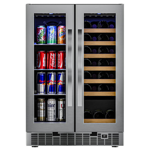 24 in. Dual Zone, Full Glass Door, 21-Bottle/60-Can Wine and Beverage Cooler, Freestanding or Built-in Unit, 4 cu ft. KM-CWB1830-SS.