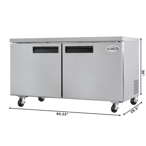 60 in. Two-Door Commercial Undercounter Freezer in Stainless Steel with Casters, ETL Listed (KM-UCF-15SS)