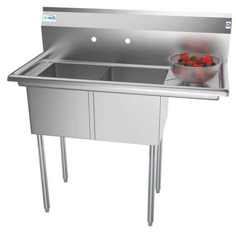 43 in. Two Compartment Stainless Steel Commercial Sink with Drainboard, Bowl Size 14"x 16"x 11" SB141611-12R3.