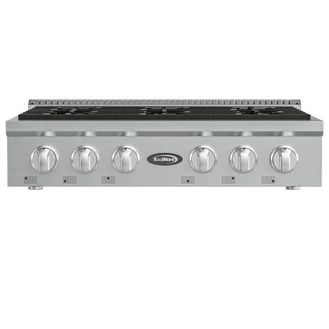 36 in Gas Range-Top with 6 Sealed Italian Burners and Stainless-Steel Stovetop Knobs.