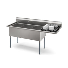 81 in. Three Compartment Commercial Sink Bowl Size 18x24x14 Stainless-Steel 18 Gauge with Right Drainboard (KM-SC182414-24R3)
