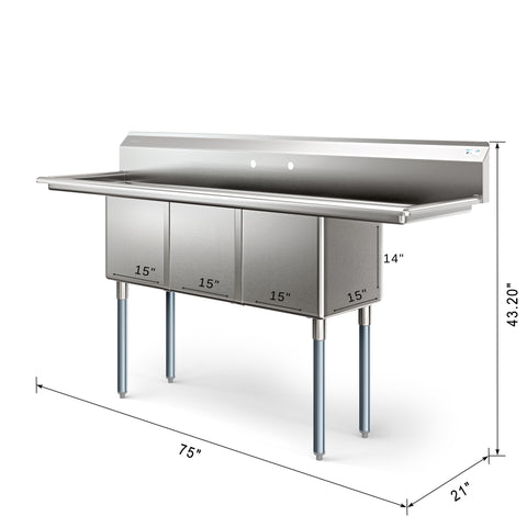 75 in Three Compartment Commercial Sink, Bowl Size 15x15x14, 18 Gauge Stainless-Steel with 2 Drainboards (KM-SC151514-15B3)