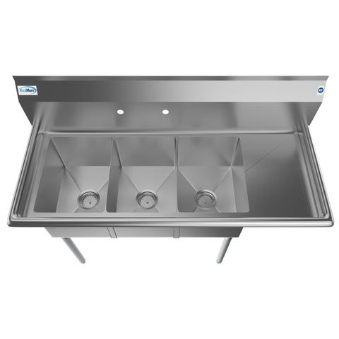 51 in. Three Compartment Stainless Steel Commercial Sink with Drainboard, Bowl Size 12"x 16"x 10" SC121610-12R3.